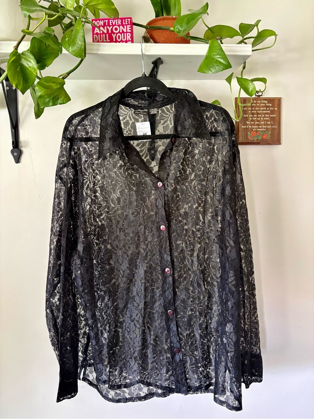 Sheer Black Lace Button-Front Women's Top